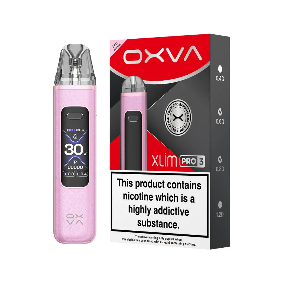 OXVA Xlim Pro 3 pod vape kit in the colour "Pink Silk" with black and red packaging on a white background