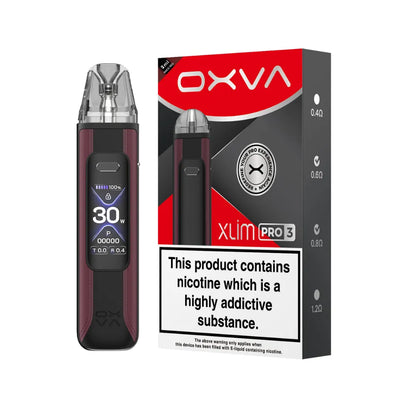 OXVA Xlim Pro 3 pod vape kit in the colour "Race Red" with black and red packaging on a white background