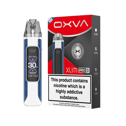 OXVA Xlim Pro 3 pod vape kit in the colour "Sky Blue" with black and red packaging on a white background