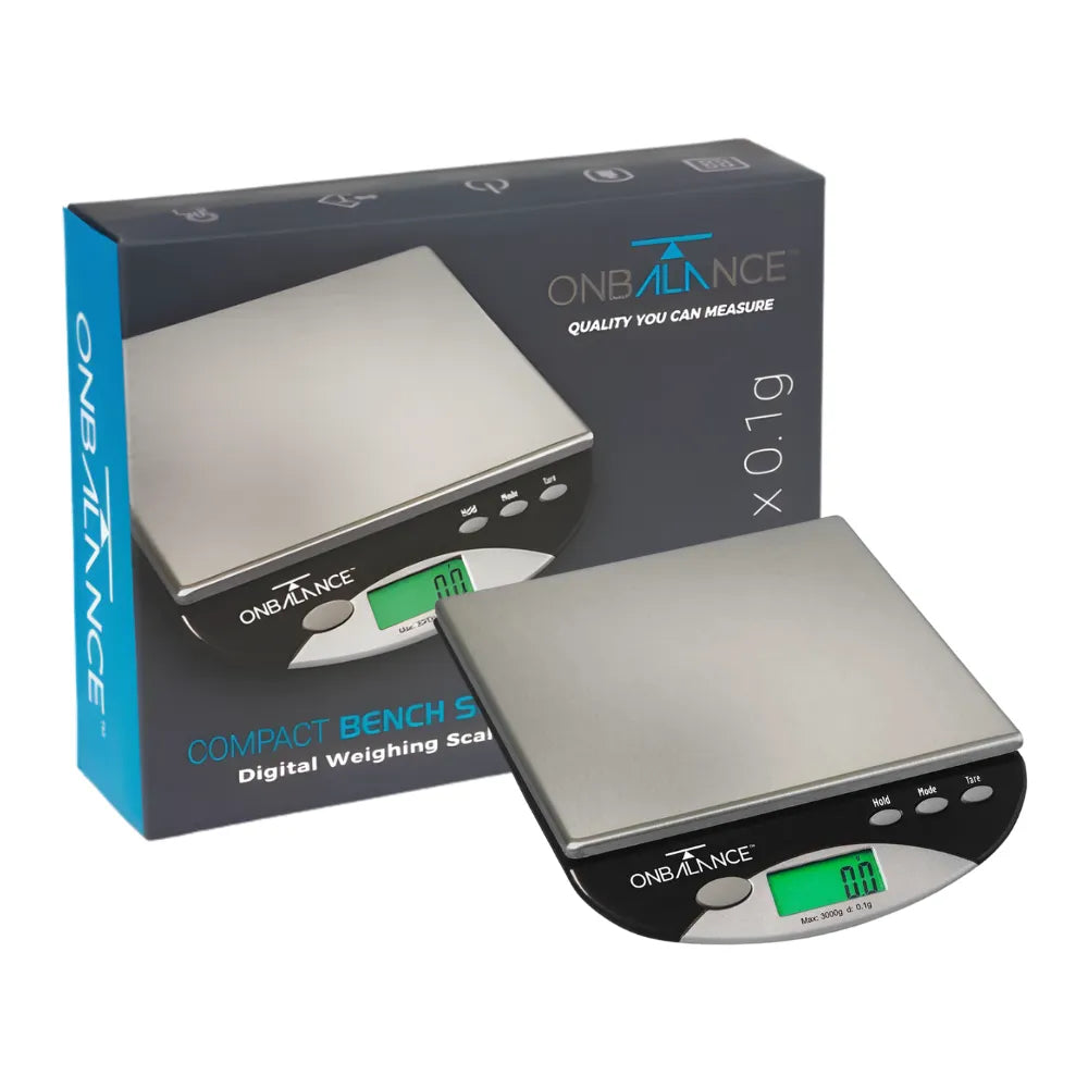 On Balance digital weighing scale with packaging on a white background