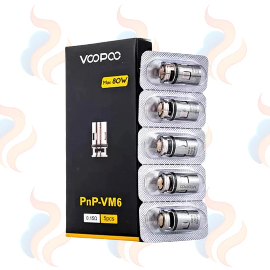 VOOPOO pnp vm6 device packaging with five cartridges on a white background