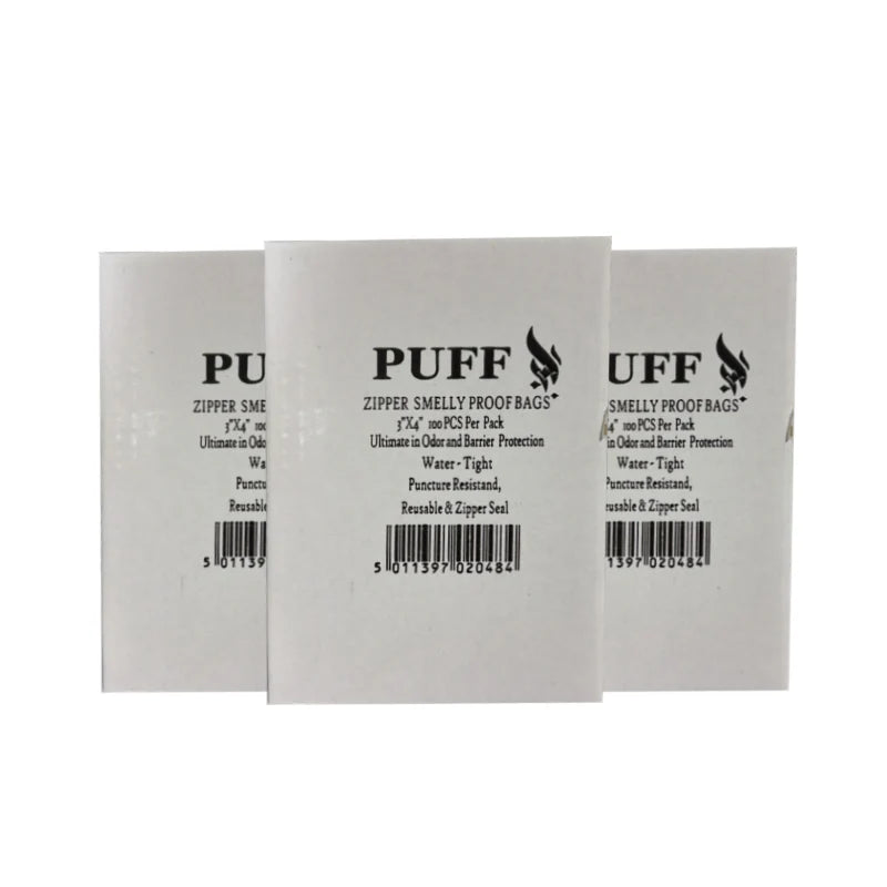 packaging of "PUFF" plastic bags with white box on a white background 