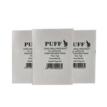 packaging of "PUFF" plastic bags with white box on a white background 