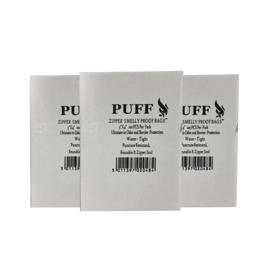 packaging of "PUFF" plastic bags with white box on a white background 
