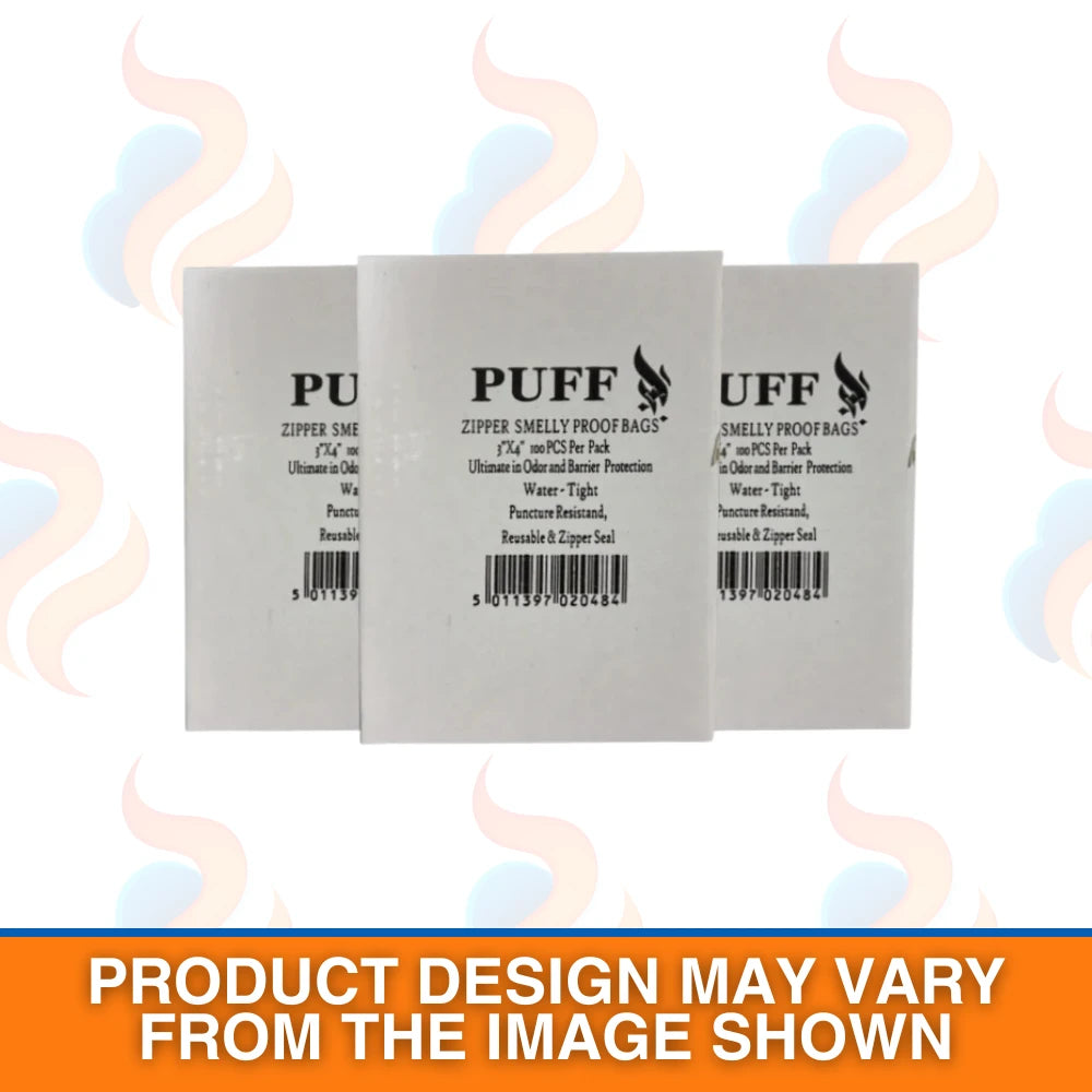 packaging of "PUFF" plastic bags with white box on a white background 