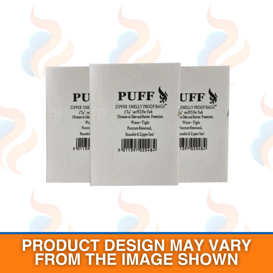 packaging of "PUFF" plastic bags with white box on a white background 