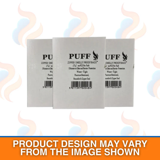 packaging of "PUFF" plastic bags with white box on a white background 