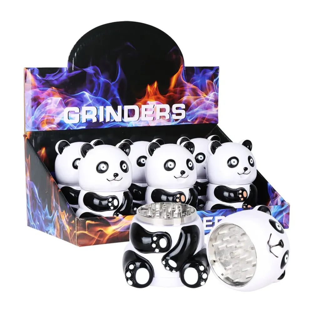 Panda-themed grinders with colourful packaging on a white background