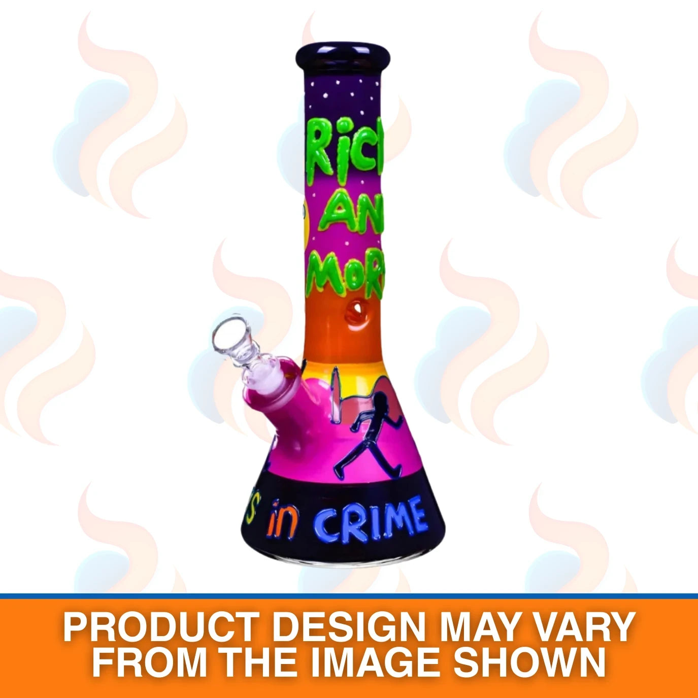 Colourful bong with text on a white background