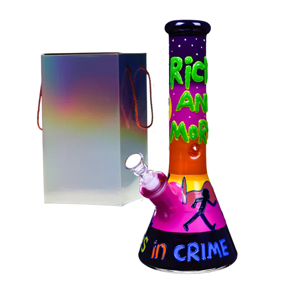 Cartoon inspired colourful "partners in crime" bong with chrome-design packaging on a white background