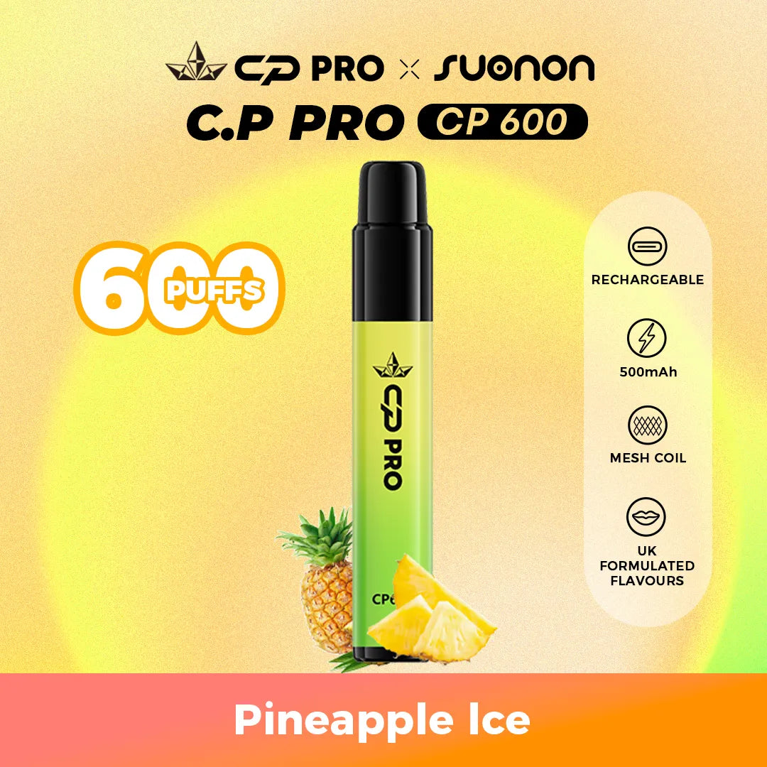 Suonon x CP Pro CP600 vape device with pineapple ice flavour on a colourful gradient background