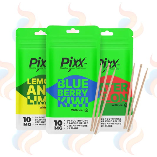 Three packs of Pixx Toothpicks with ice in blue berry kiwi, lemon apple, and passion fruit flavours, shown with wooden toothpick sticks on a white background with faint pastel flavour clouds.