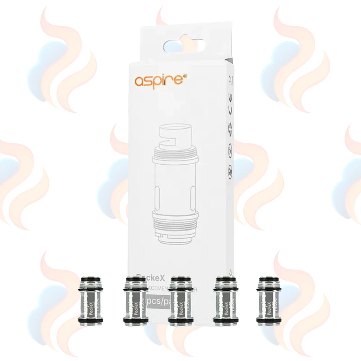Aspire pockex coils on a white background with subtle smoke graphics