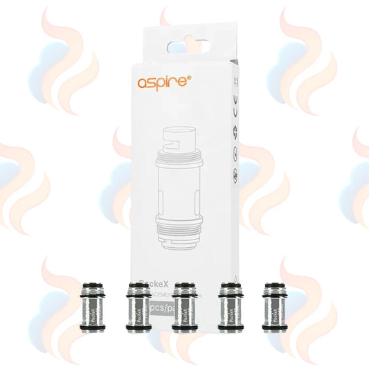 Aspire pockex coils on a white background with subtle smoke graphics