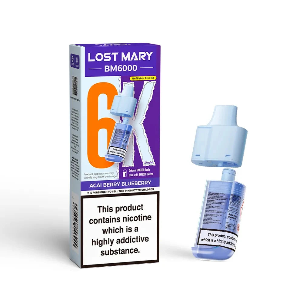 Lost Mary BM6000 refill pod in "Acai Berry Blueberry" flavour with packaging.