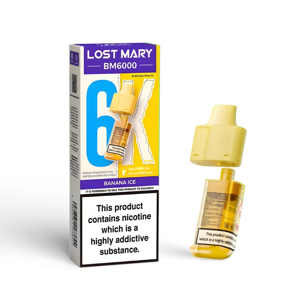 Lost Mary BM6000 refill pod in "Banana Ice" flavour with packaging.