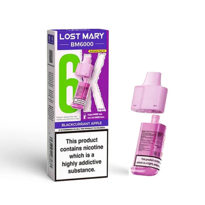 Lost Mary BM6000 refill pod in "Blackcurrant Apple" flavour with packaging.