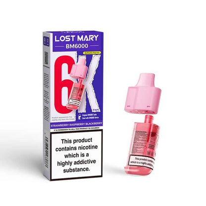 Lost Mary BM6000 refill pod in "Strawberry Raspberry Blackberry" flavour with packaging.