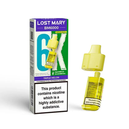 Lost Mary BM6000 refill pod in "Triple Melon" flavour with packaging.