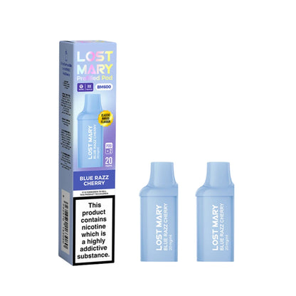 Two Lost Mary BM600 vape refill pods in "Blue Razz cherry" flavour with packaging on a white background.