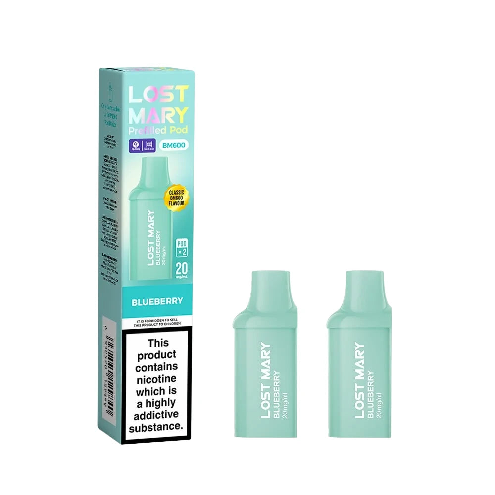 Two Lost Mary BM600 vape refill pods in "Blueberry" flavour with packaging on a white background.