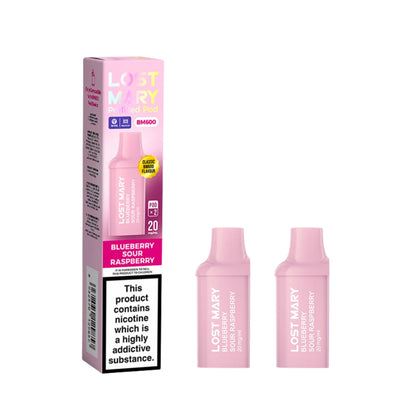 Two Lost Mary BM600 vape refill pods in "Blueberry Sour Raspberry" flavour with packaging on a white background.