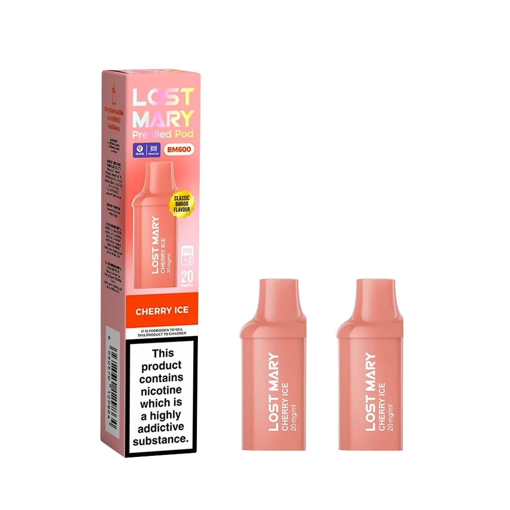 Two Lost Mary BM600 vape refill pods in "Cherry Ice" flavour with packaging on a white background.