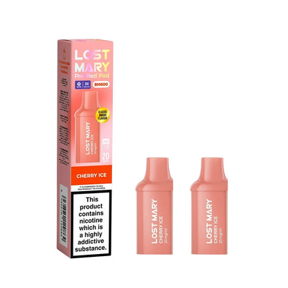 Two Lost Mary BM600 vape refill pods in "Cherry Ice" flavour with packaging on a white background.