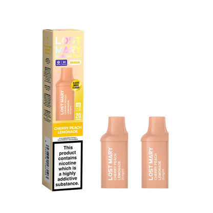 Two Lost Mary BM600 vape refill pods in "Cherry Peach Lemonade" flavour with packaging on a white background.