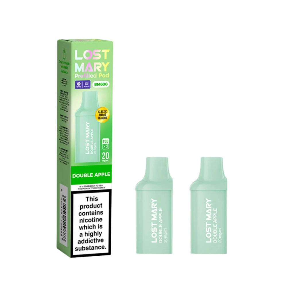 Two Lost Mary BM600 vape refill pods in "Double Apple" flavour with packaging on a white background.