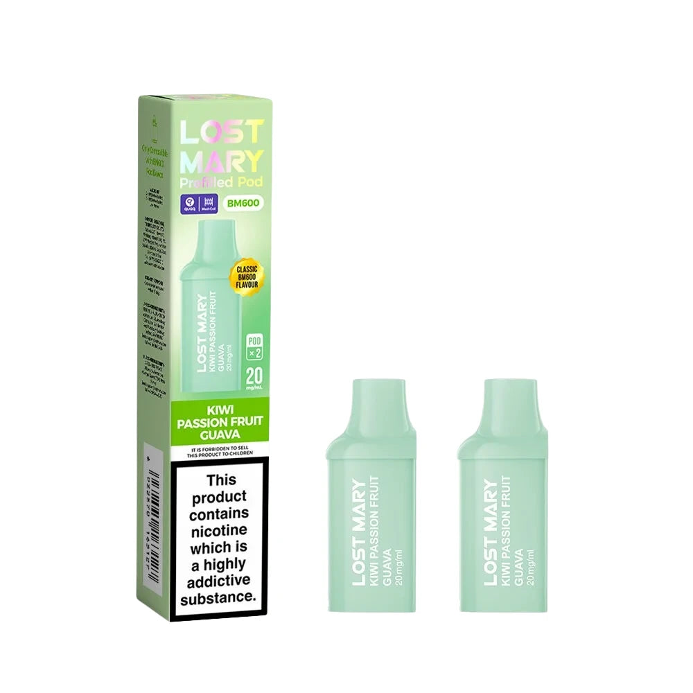 Two Lost Mary BM600 vape refill pods in "Kiwi Passionfruit Guava" flavour with packaging on a white background.