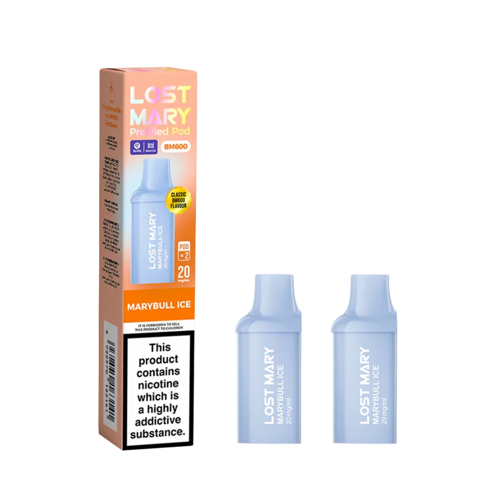 Two Lost Mary BM600 vape refill pods in "Marybull Ice" flavour with packaging on a white background.