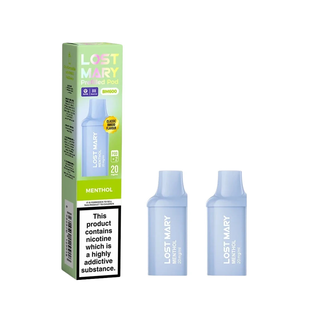 Two Lost Mary BM600 vape refill pods in "Menthol" flavour with packaging on a white background.