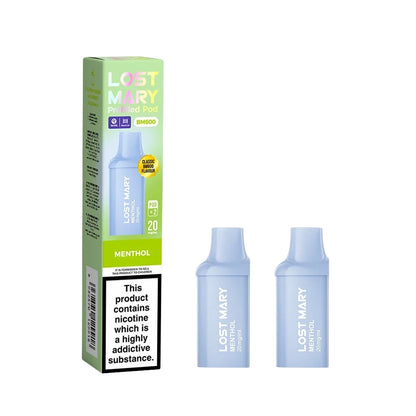 Two Lost Mary BM600 vape refill pods in "Menthol" flavour with packaging on a white background.