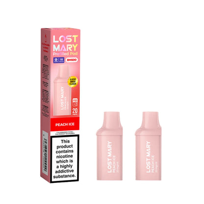 Two Lost Mary BM600 vape refill pods in "Peach Ice" flavour with packaging on a white background.
