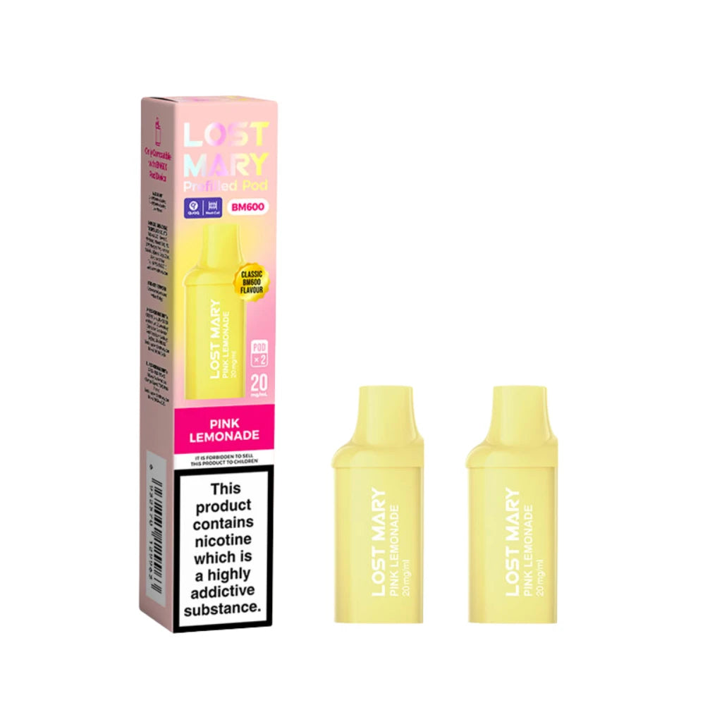 Two Lost Mary BM600 vape refill pods in "Pink Lemonade" flavour with packaging on a white background.