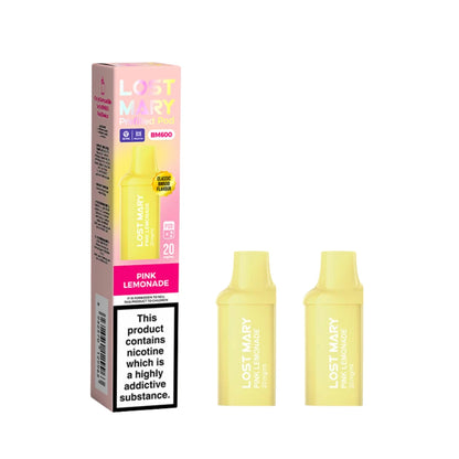 Two Lost Mary BM600 vape refill pods in "Pink Lemonade" flavour with packaging on a white background.