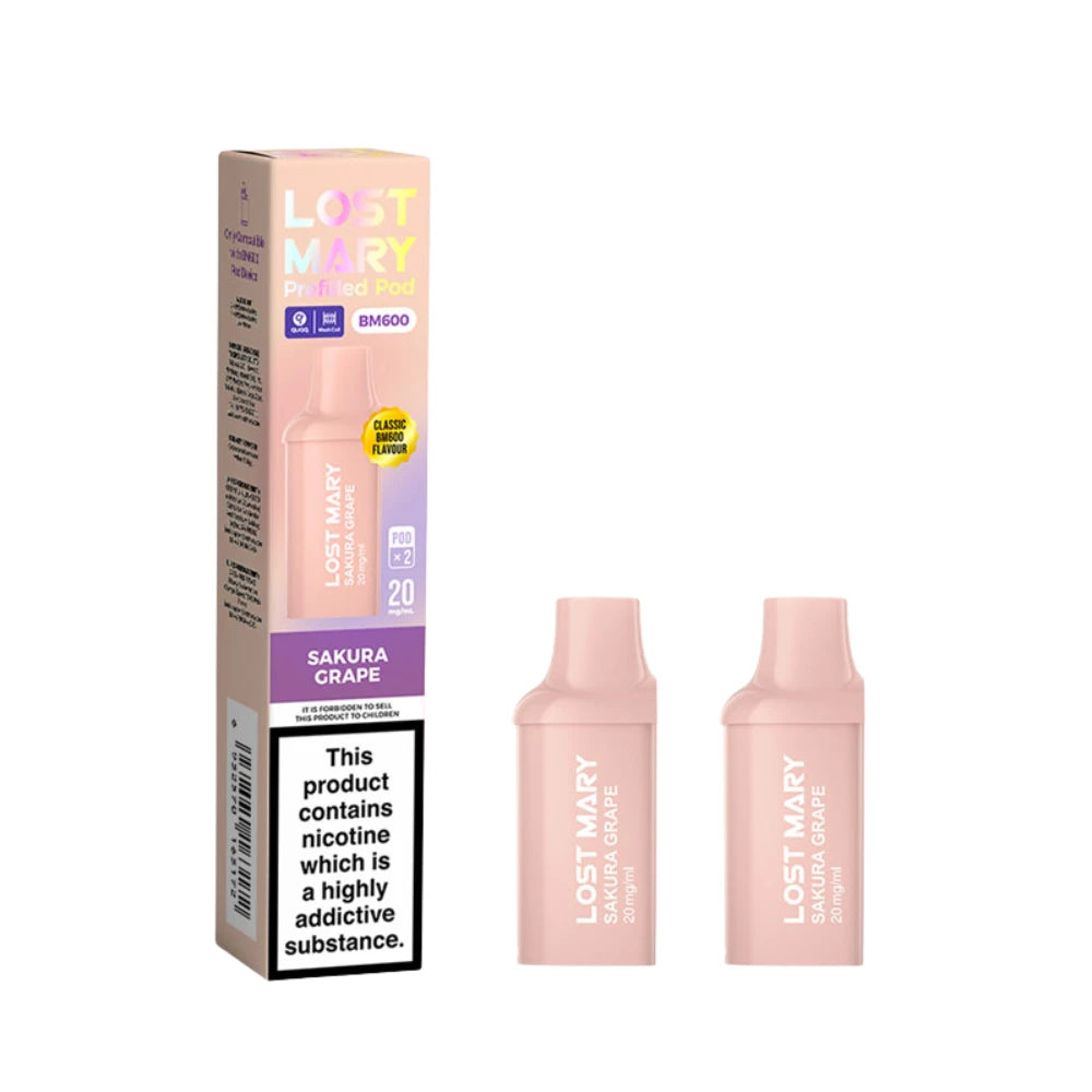 Two Lost Mary BM600 vape refill pods in "Sakura Grape" flavour with packaging on a white background.