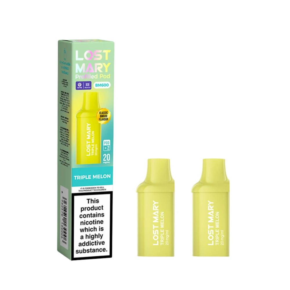 Two Lost Mary BM600 vape refill pods in "Triple Melon" flavour with packaging on a white background.