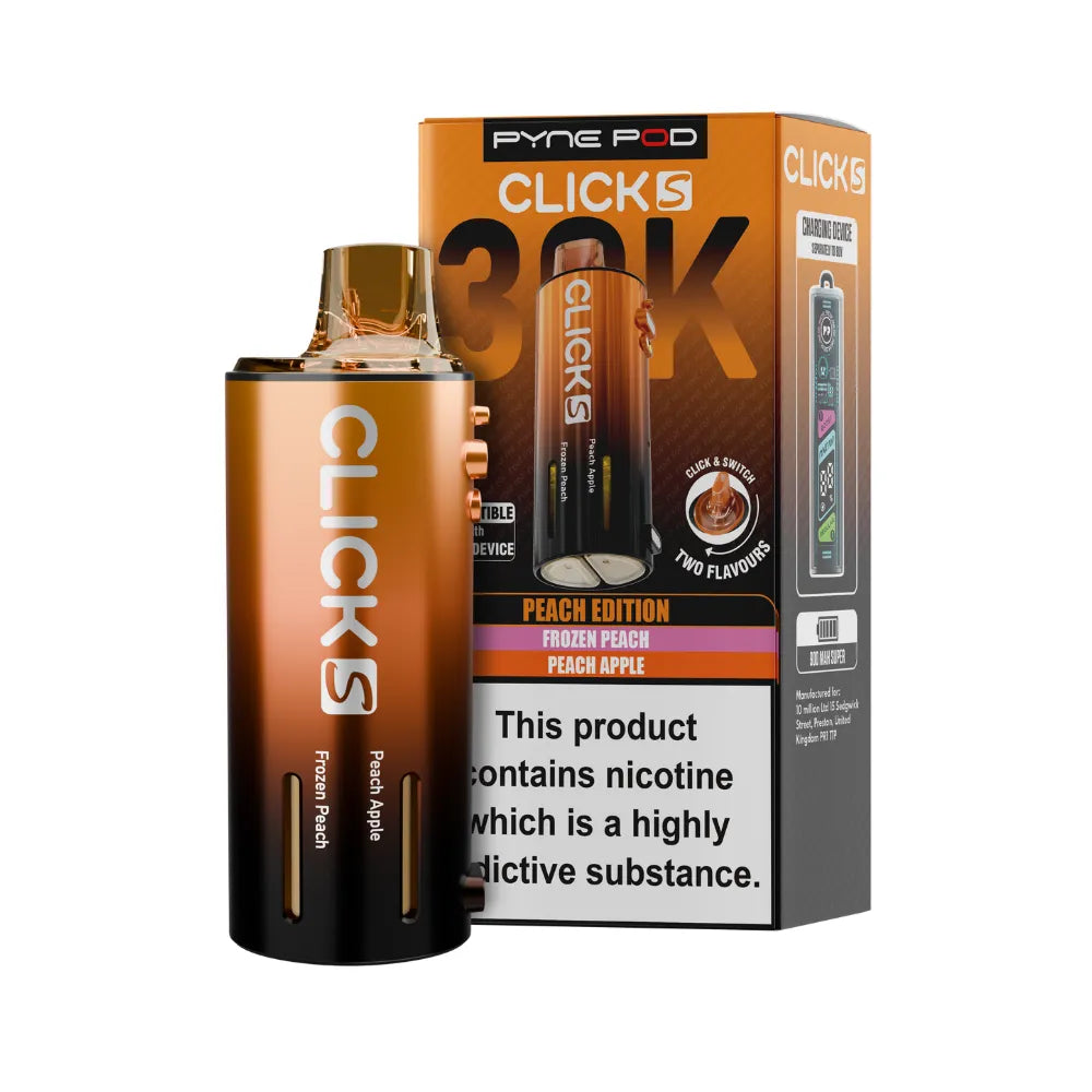 Pyne Pod Click S Pod in Peach Edition beside packaging on a white background.