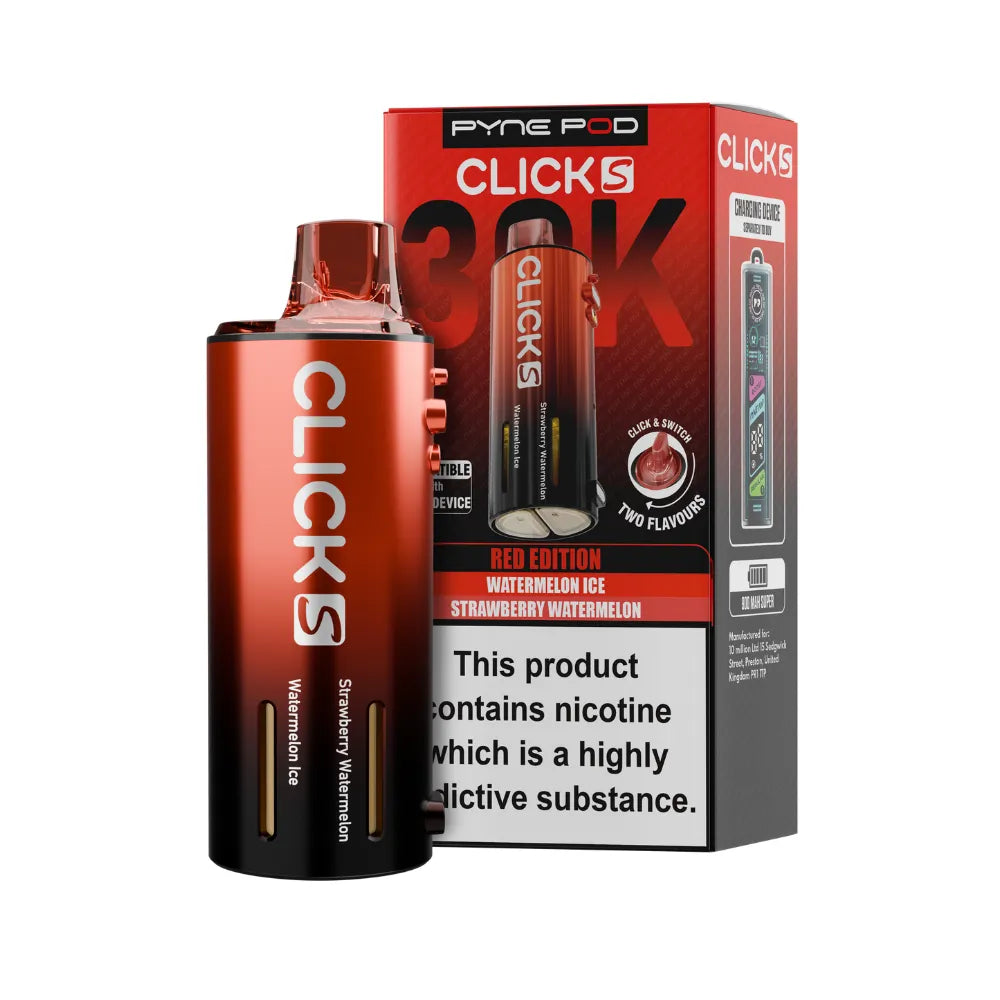 Pyne Pod Click S Pod in Red Edition beside packaging on a white background.