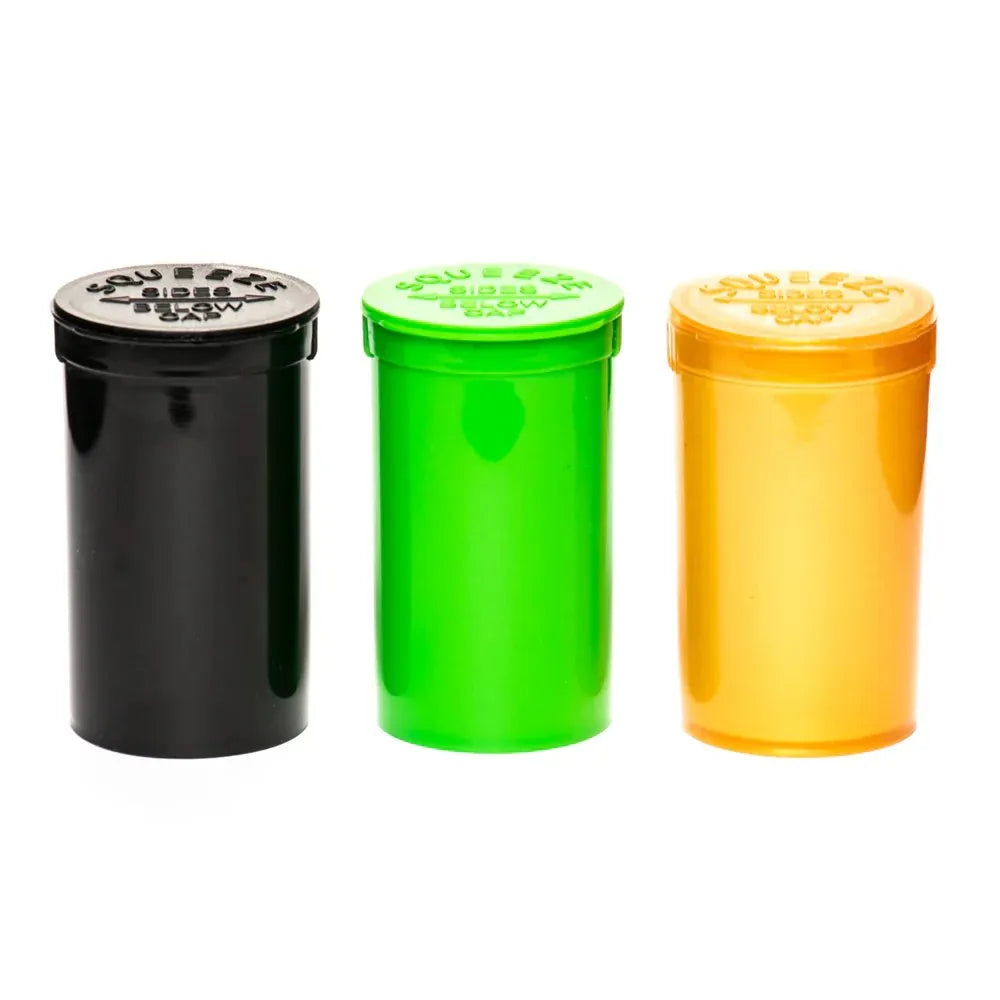 Three cylindrical 19 dram pop top containers with different coloured lids on a white background