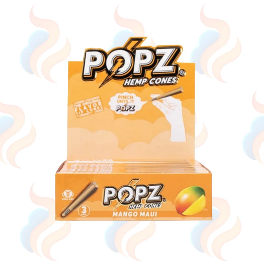 Box of Popz Hemp Cones with a mango flavour on a white background