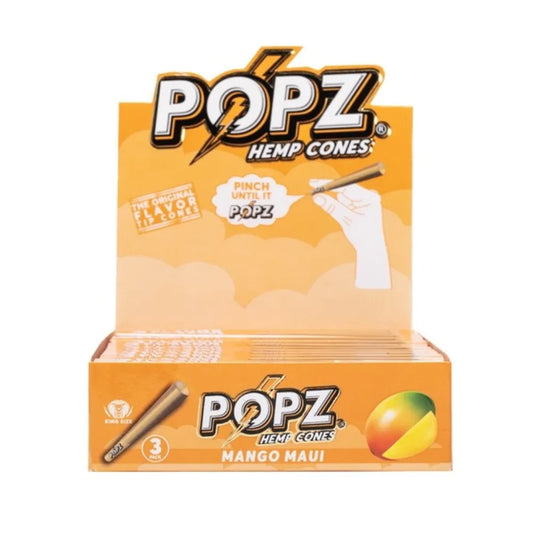 Box of 12 Popz Hemp Cones with branding and product details on an orange background