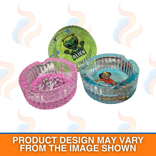 Three transparent-colourful ashtray bowls with cartoon designs on a white background