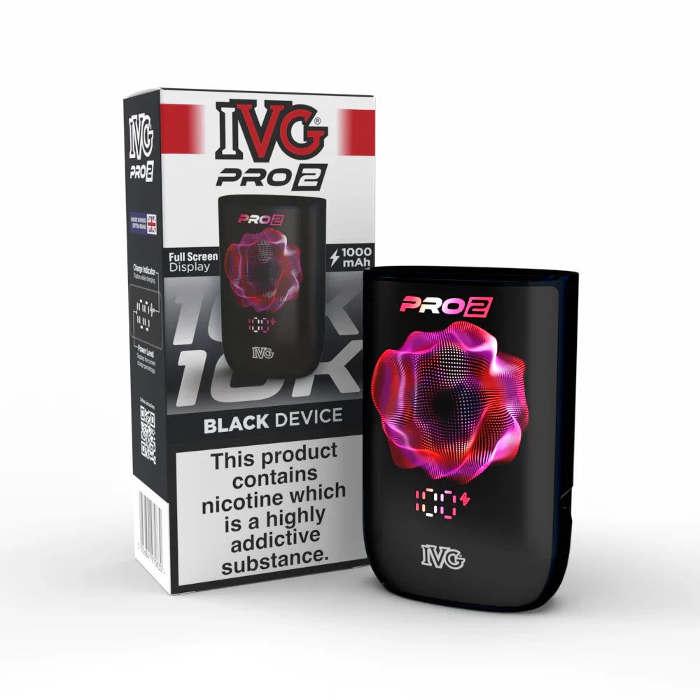 IVG Pro 2 vape device in "black" colour with packaging on a white background,