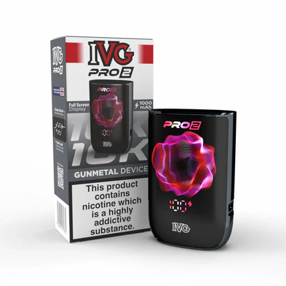 IVG Pro 2 vape device in "gunmetal" colour with packaging on a white background,