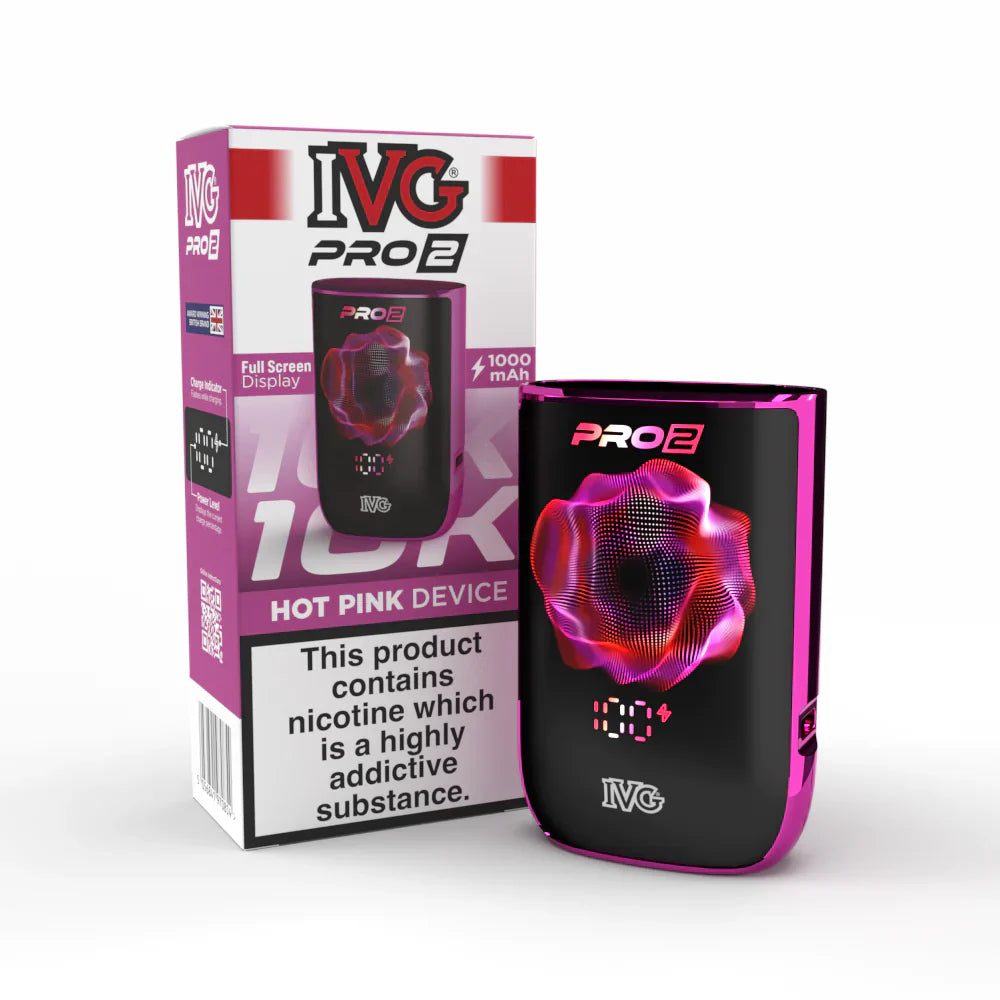 IVG Pro 2 vape device in "Hot pink" colour with packaging on a white background,