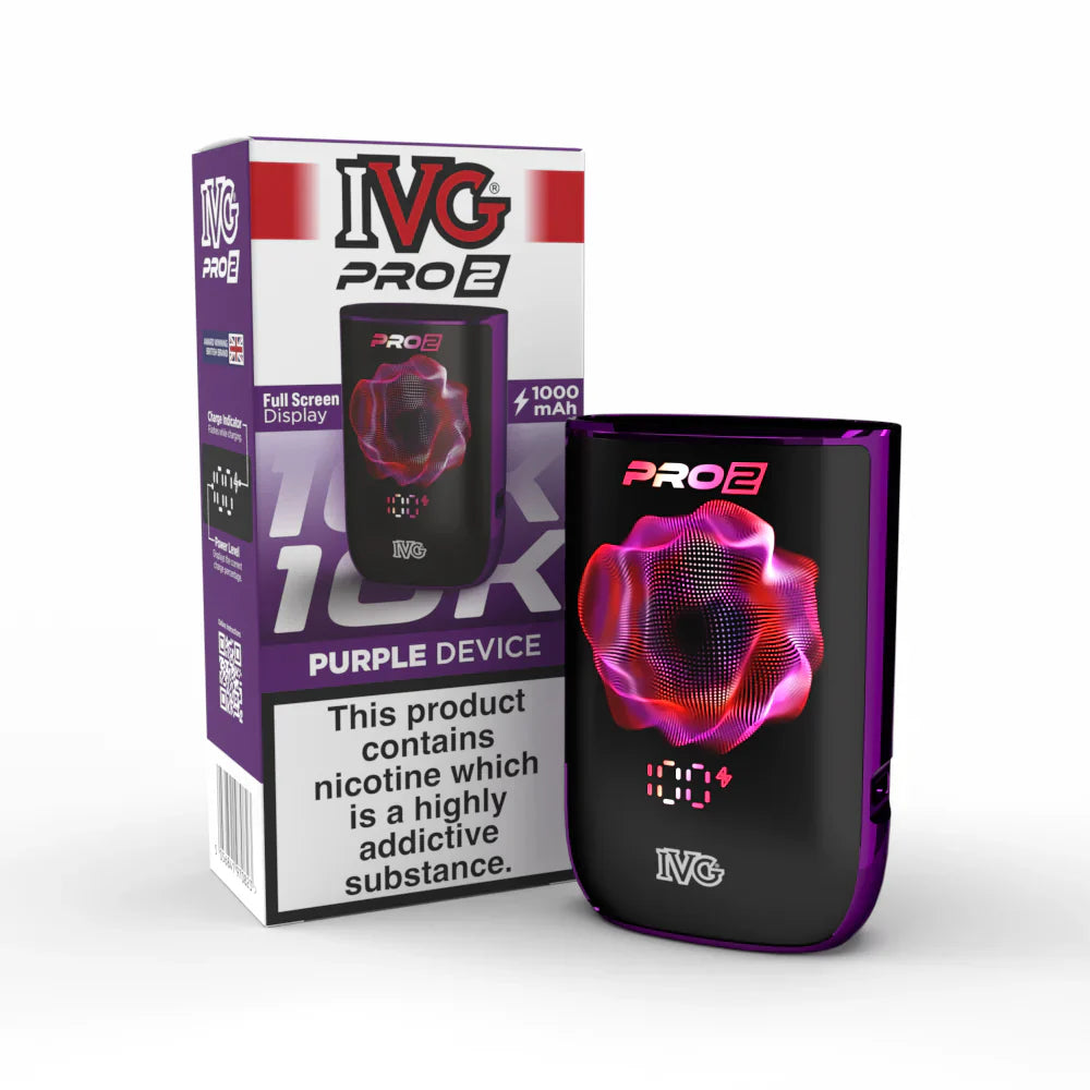 IVG Pro 2 vape device in "purple" colour with packaging on a white background,