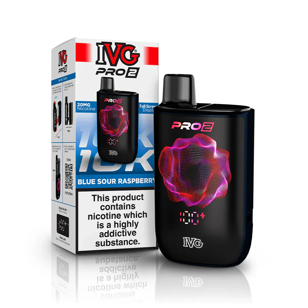IVG Pro 2 prefilled vape device in "Blue Sour Raspberry" flavour with packaging on a white background.